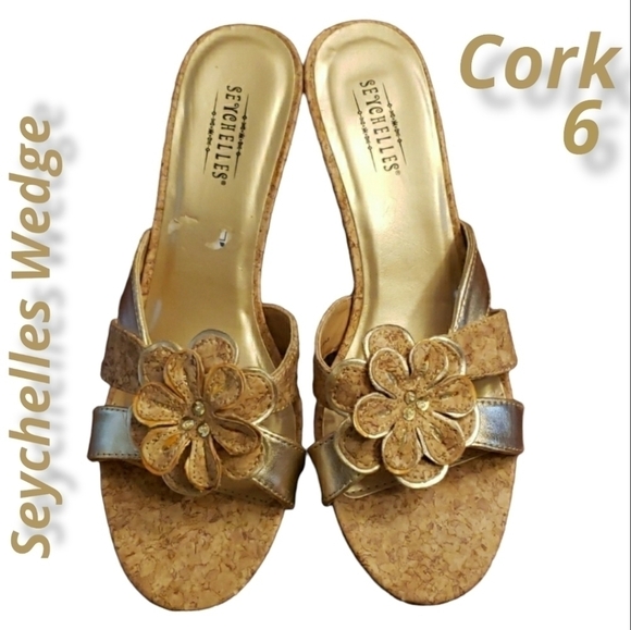 SEYCHELLES Cork Wedge Slide Sandles Tan Gold 6 EUC - Picture 1 of 9